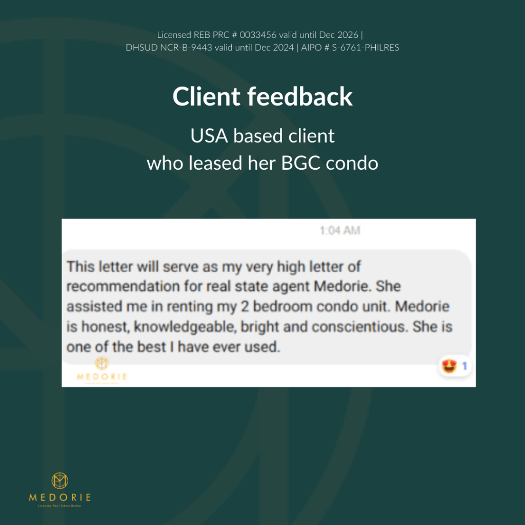 Client feedback on BGC condo for lease