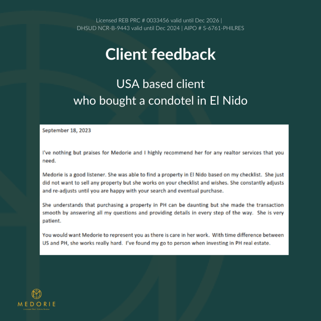 Client feedback on condotel for sale in El Nido